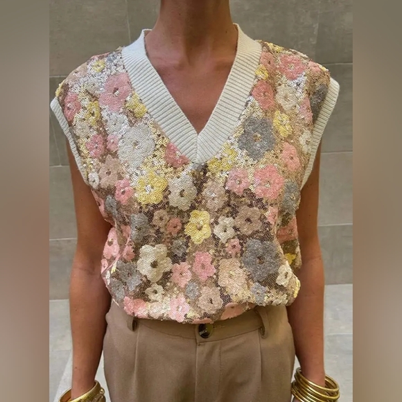 Fashion flower sequins knitted v-neck sleeveless pullover - Picture 4 of 4